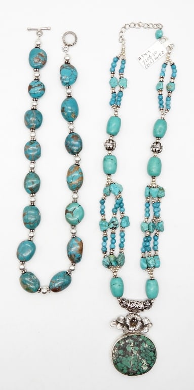(2) STERLING & TURQUOISE CHOKERS - 925: 17" & 18" CHOKERS WITH LARGE TURQUOISE STONES & ORNATE STERLING BEADS - (1) MARKED 925