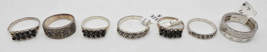(7) STERLING ONYX MARCASITE RINGS (1 of 2)
