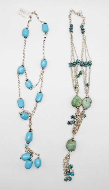 (2) STERLING & TURQUOISE NECKLACES: STERLING SILVER AND LARGE TURQUOISE STONES - 16" & 22" LENGTHS