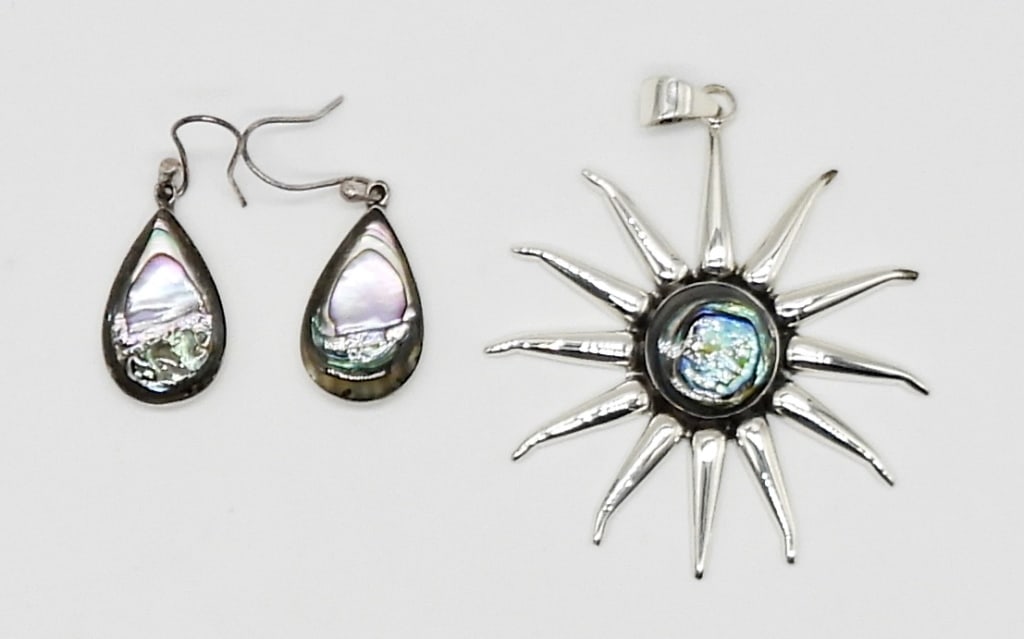 EARRINGS & PENDANT STERLING & ABALONE: MATCHING EARRINGS & PENDANT WITH STERLING SILVER & ABALONE CENTER STONES - 11.3 DWT - ALL MARKED 925