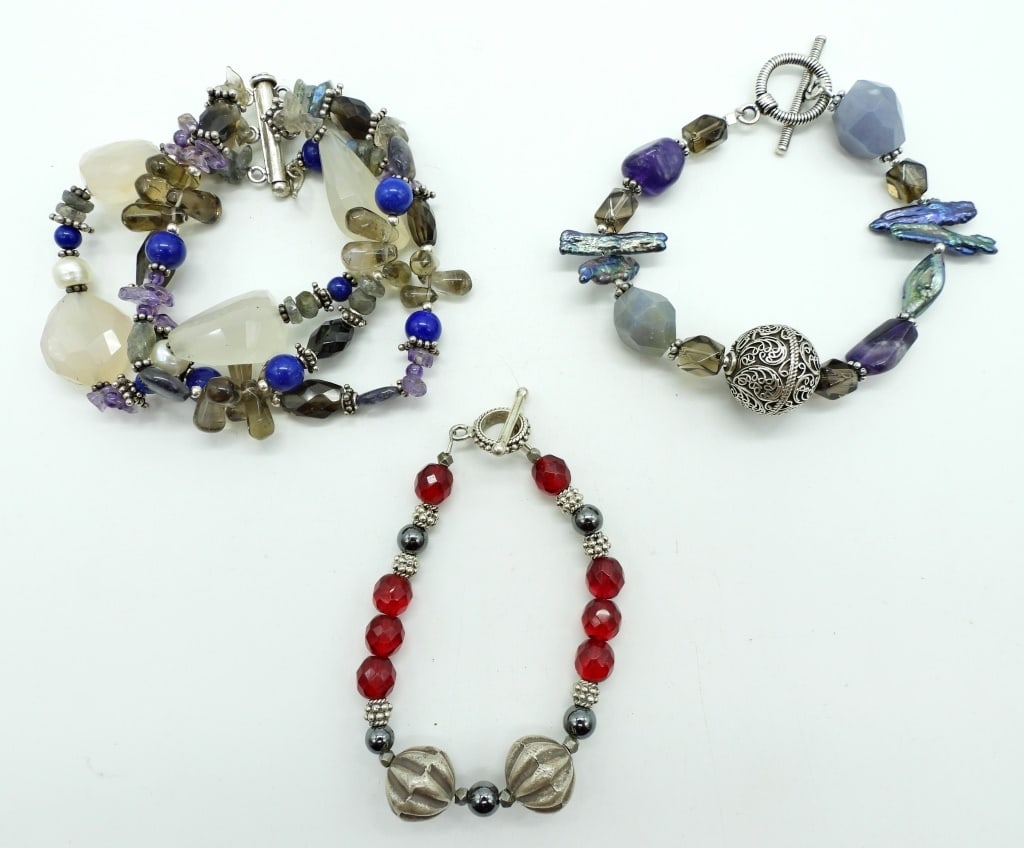 (3)NATURAL STONE STERLING BRACELET: ALL 7 1/2IN LONG, WITH STERLING CLAPS AND BEADING ALONG WITH COLOR BEADS, 2 TOGGLE CLASP, 1 SLIDE CLASP, NO STAMPINGS SEEN