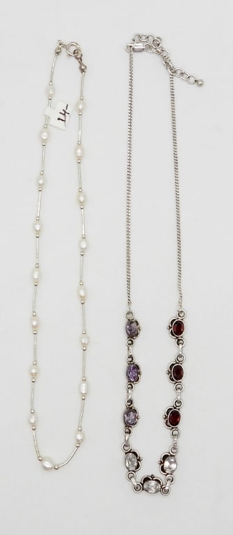 (2) STERLING CHOKERS MOTHER OF PEARL: STERLING SILVER - MARKED 925 - CHOKERS WITH MOTHER OF PEARL, MULTI COLOR GEMSTONES - 12.5 DWT