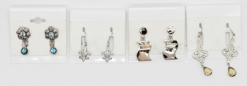 (4) PAIRS OF STERLING EARRINGS - 925: STERLING SILVER EARRINGS - ALL MARKED 925 - WITH SMOKY QUARTZ, BLUE GEMSTONES & ABALONE - 11.5 DWT