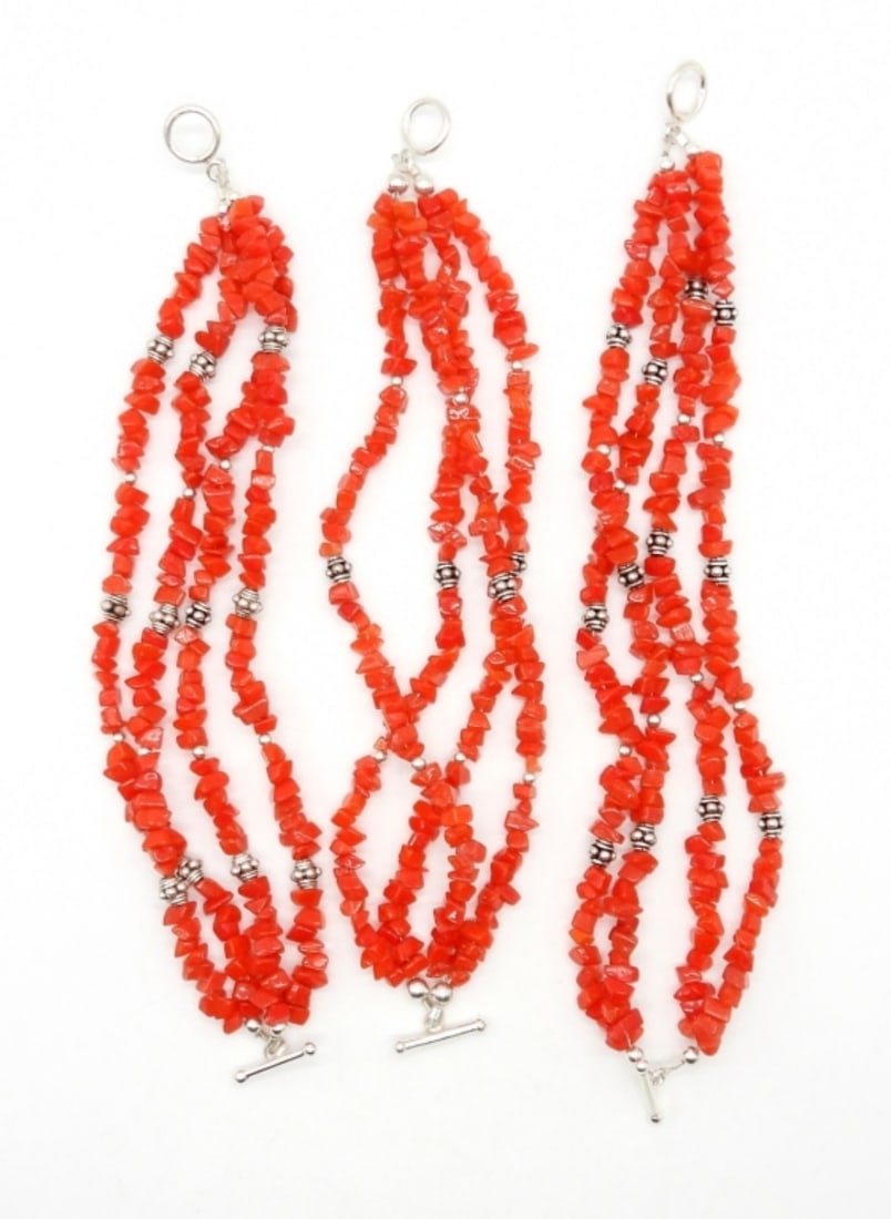 (3) STERLING & NATURAL STONE BRACELETS: 8.5 INCH STERLING SILVER BEAD & NATURAL RED STONE BRACELETS - ALL MARKED 925