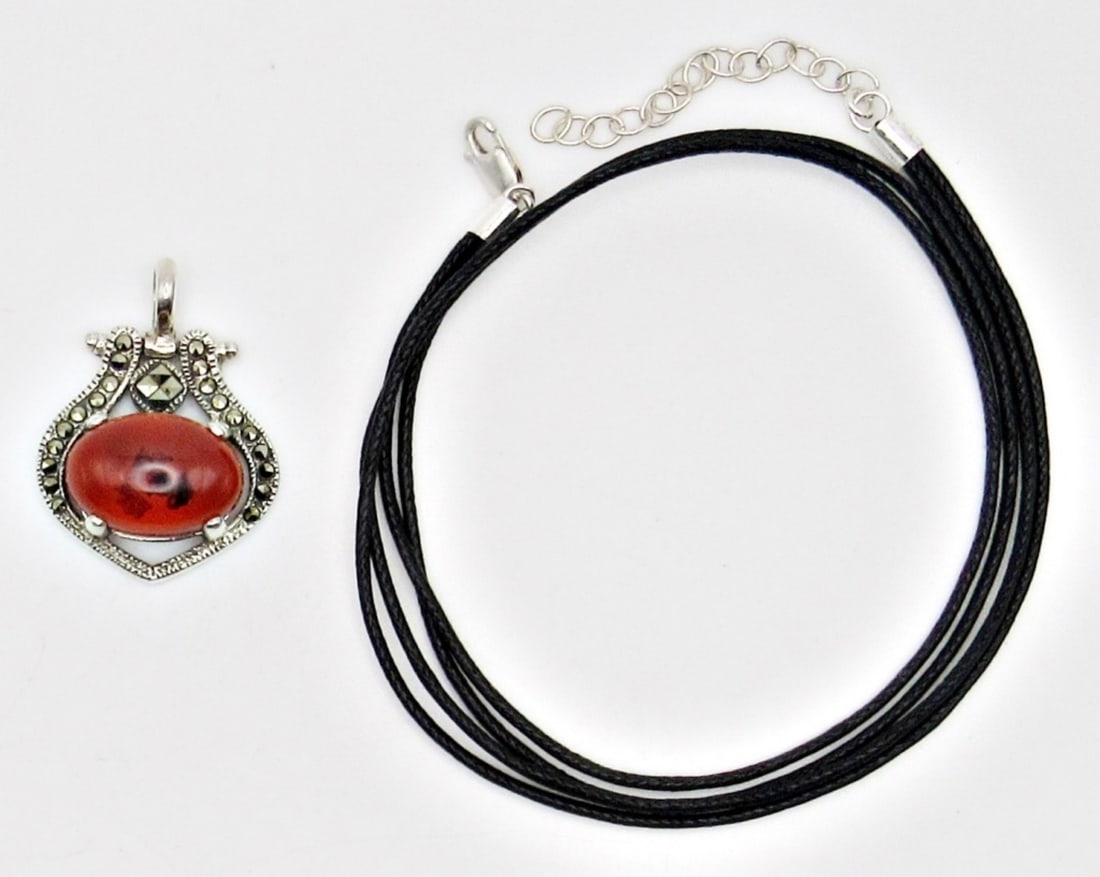 STERLING MARCASITE PENDANT WITH BALTIC AMBER (1 of 5)