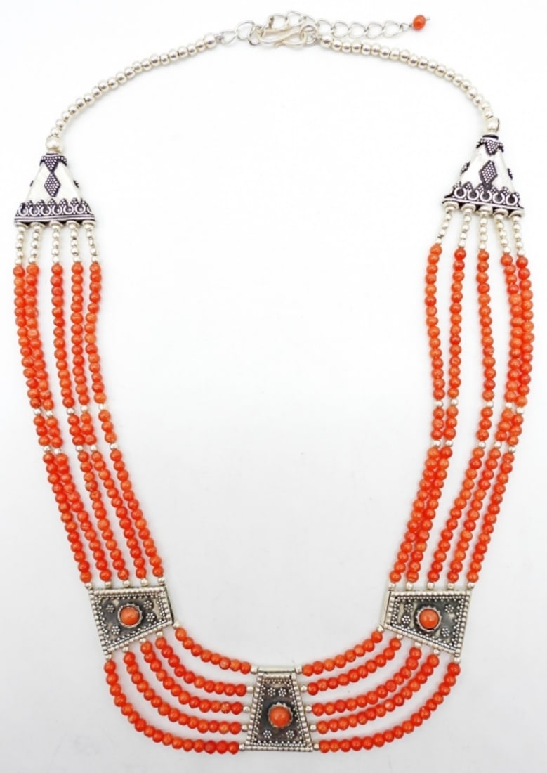 STERLING AND CORAL NECKLACE: 27DWT,20IN LONG, WITH STERLING BEADS AND STERLING PENDANTS STAMPED 925 ON THE HOOK CLASP