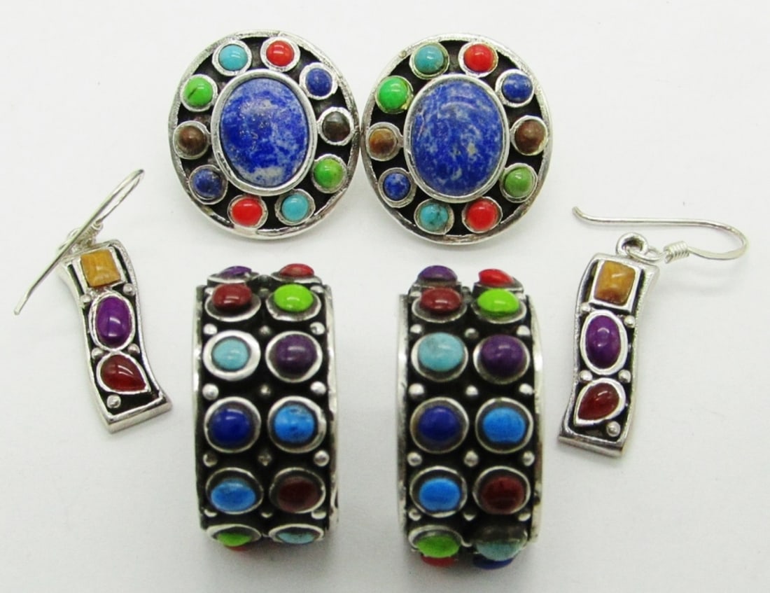 (3) Pairs Silver Multi-Color Gemstone Earrings (1 of 2)
