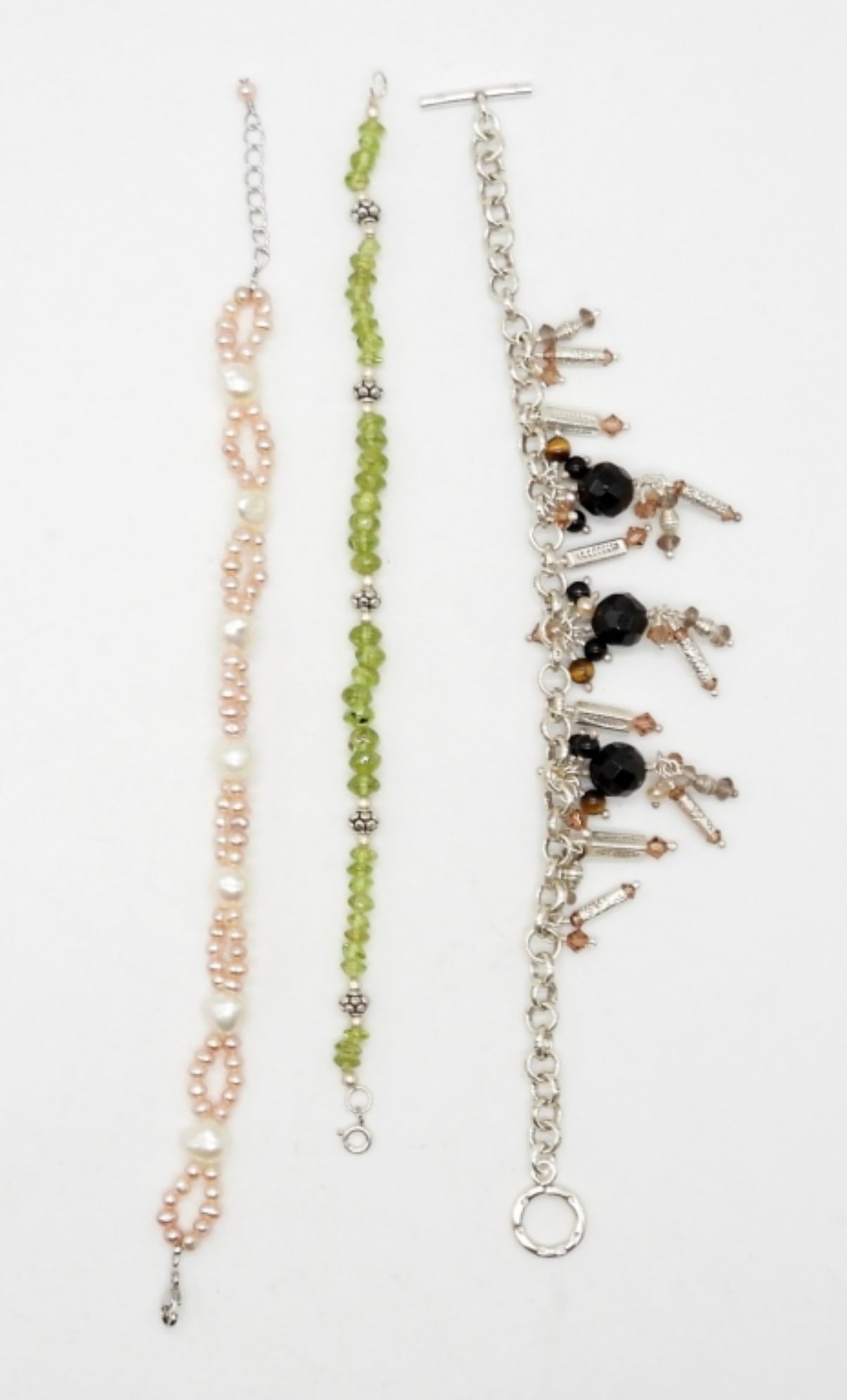 (3) STERLING SILVER & BEADED BRACELETS: 8" STERLING & BEADED BRACELETS WITH MOTHER OF PEARL, ONYX, & GEMSTONES