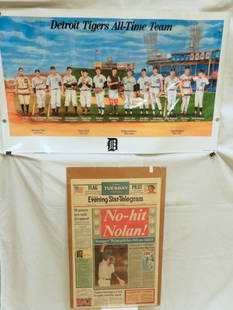 NOLAN RYAN NEWS PAPER "HE DID IT AGAIN" 1991: COMPLETE EVENING STAR-TELEGRAM BOARDED NICE CONDITION & DETROIT TIGERS ALL-TIME TEAM POSTER