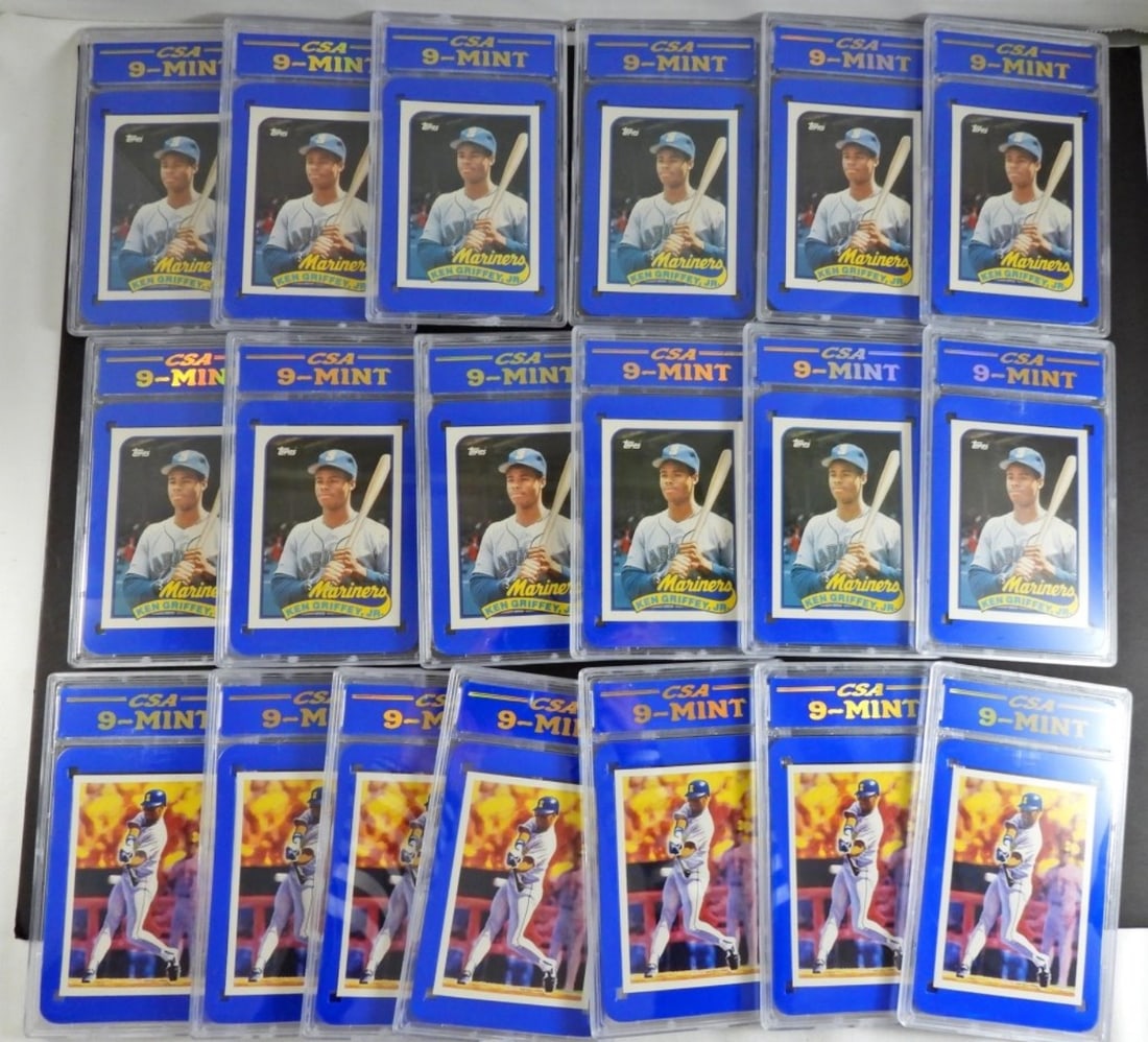 (12) KEN GRIFFEY JR ROOKIE CARDS plus: (7) 1990 SCORE MASTERS #30 & (12) 1989 TOPPS TRADED #41T KEN GRIFFEY JR ROOKIE CARD - ALL GRADED BY CSA 9-MINT