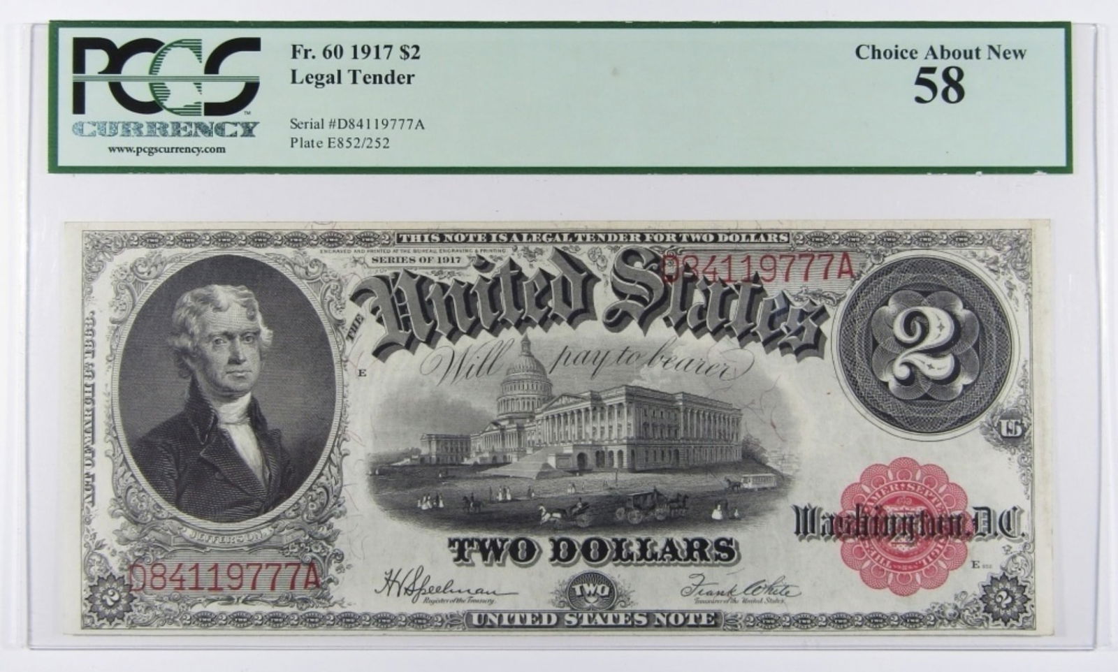 1917 $2 U.S. LEGAL TENDER NOTE PCGS 58 (1 of 2)