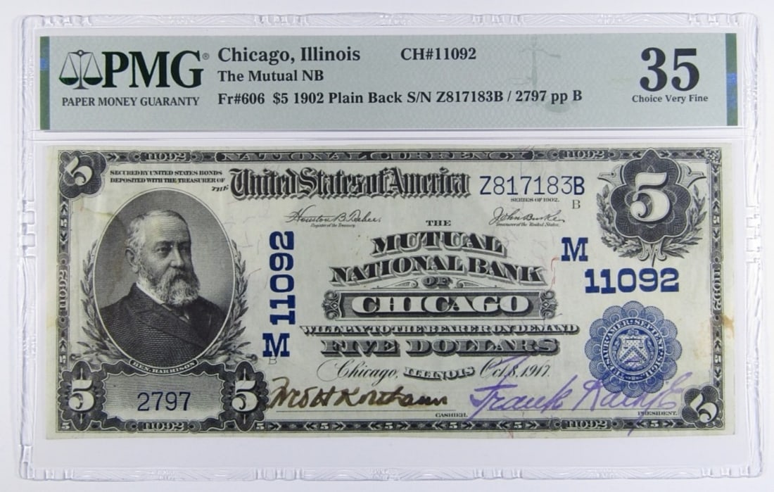 1902 $5 PLAIN BACK NTL. BANK NOTE PMG 35 (1 of 2)