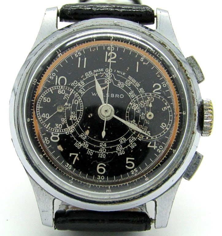 Chronograph Welsbro: Nice, Original Black Dial With Copper Chapter Ring and Original Hands. 33mm Case Diameter, Triple Signed, 17 Jewel (Venus) Movement, Chrome Frame with Stainless Bezel & Back. Great Bezel! New Strap.