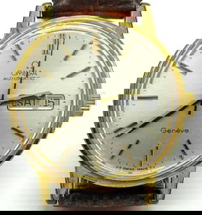 Omega Automatic Geneva Calendar: Perfect Original Dial, 35mm, 23 Jewel Cal 1022 Automatic Movement, Case Caliber 166 0117 Gold Plated Case with Stainless Screwback. New Strap.