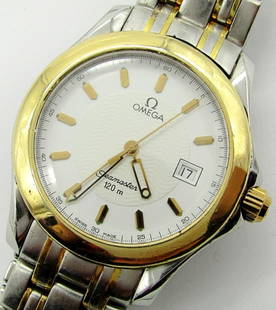 Omega Seamaster 120M Quartz: Ref 196.1501, 36mm, Perfect White Dial, 18KT Gold & Steel Case & Bracelet. Cal 1438 Omega Movement. Screwback Case with Seamaster Logo and Signed Crown. Clean!