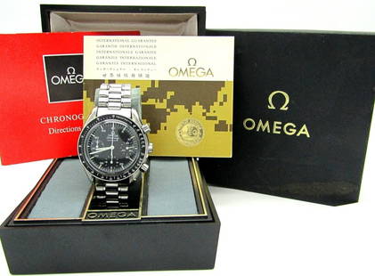 Chronograph Omega Speedmaster: Ref 175.0032, 39mm Case Diameter, Excellent Original Black Dial, 45 Jewel Cal 1140 Movement, Stainless Case with Logo on Case Back and Omega Bracelet. Complete with Box, Blank Warranty Booklet, and Ch