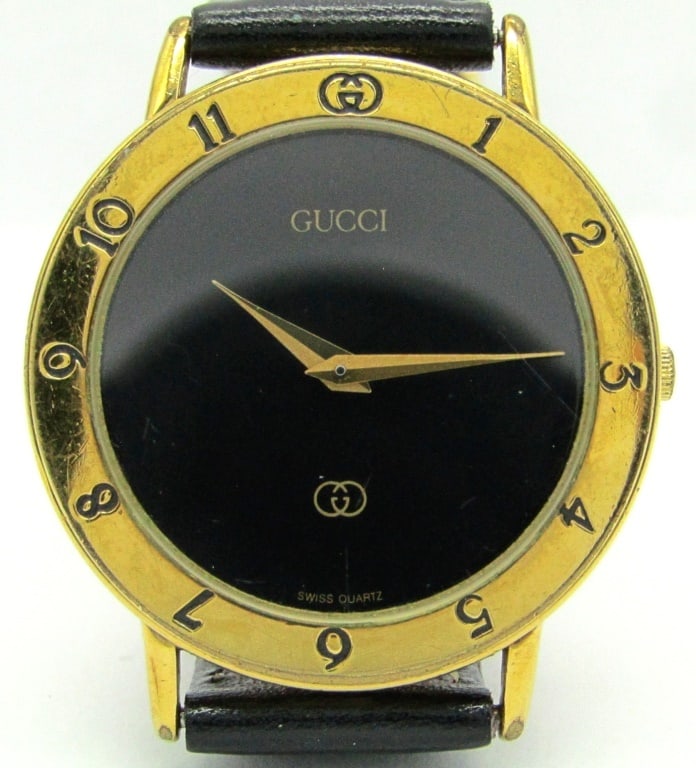 Gucci Mens Strap: Perfect Original Black Dial, Gold Plated Case, Quartz Movement, 33mm, Model 3000M 078-694.