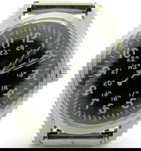 Vintage Hamilton 46374B Military: Perfect Original Black Dial With 24 Hour Markers, Base Metal Screwback Case with Nomenclature on Back, 7 Jewel Movement, 33mm, Circ 1978, Speidel Stretch Band.