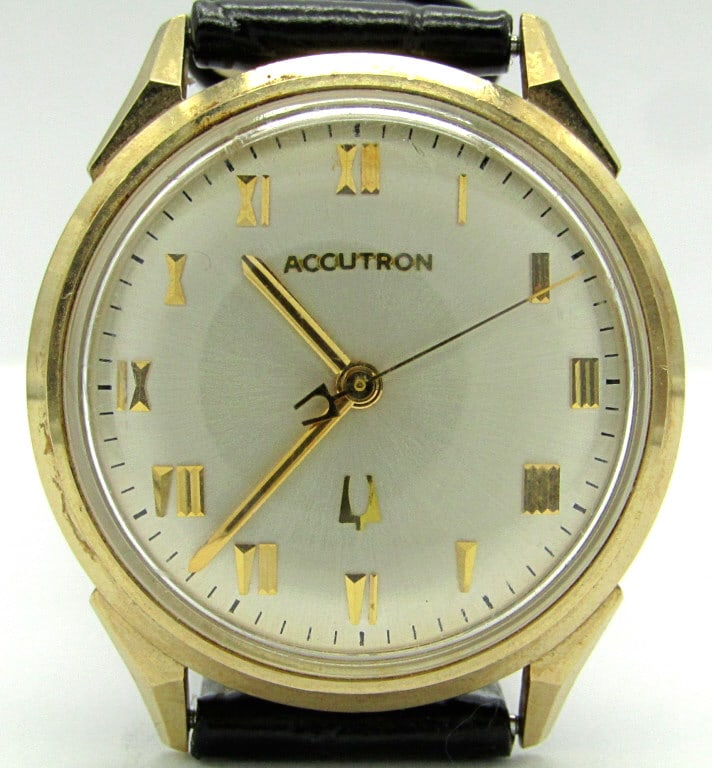 Bulova Accutron 214: Perfect Original Roman Dial, Gold Filled Bezel/Stainless Back, Date Code No = 1960, 34mm. New Black Strap. Good TimeKeeper!