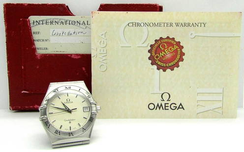 Omega Constellation Quartz: Reference 396.1201, Perfect Cream Linen Dial, 34mm Diameter, Stainless Case and Bracelet with Nice Enamelled Bezel. Back Engraved with 25 Year Presentation. Complete with Instruction Books, Warranty,