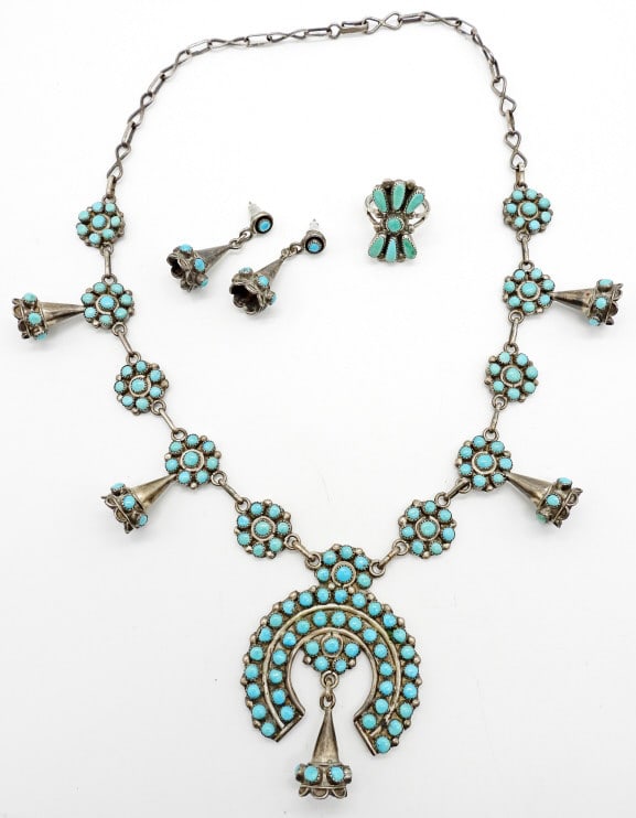 TURQUOISE STERLING NECKLACE, EARRING, RING SET (1 of 3)
