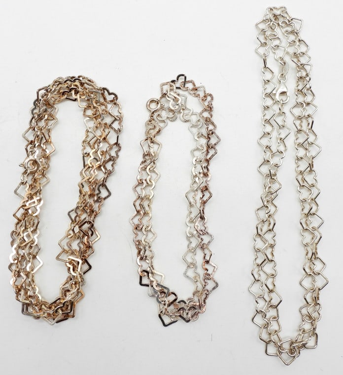 (3) STERLING HEART CHAINS: 23.1DWT,1-34IN LONG, 1-23IN LONG, 1-18IN LONG, ALL STAMPED ON HEART NEAR CLASP ITALY MILOR 925
