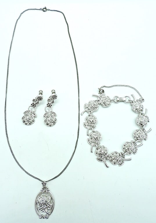 FLOWER STERLING NECKLACE, BRACELET, EARRING SET (1 of 2)