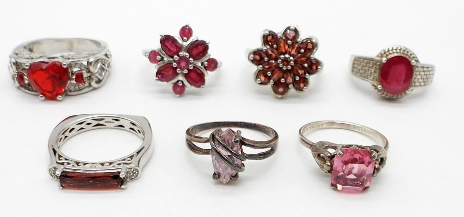 (7) STERLING RINGS WITH RED/PINK STONES (1 of 2)