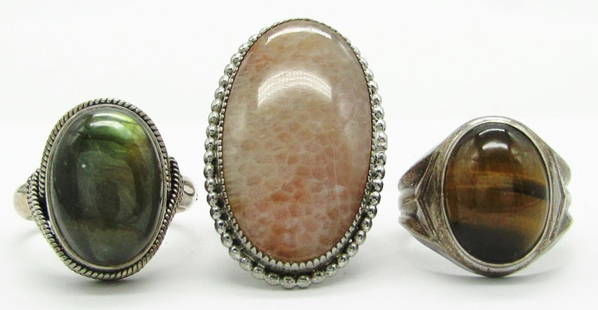 (3) Vintage Sterling Silver Rings: Size 10 Labradorite India 925, Size 8.5 Tigers Eye Sterling G & B, Size 8 Moonstone Sterling LSP Co.; 18 dwt.