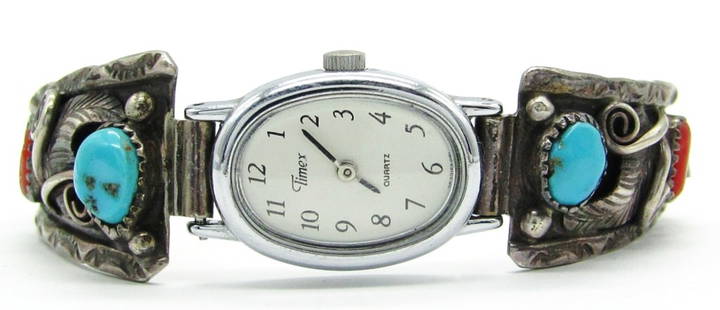 Vintage Navajo Turquoise Sterling Watch Tips: With Timex Watch and Speidel USA Stretch Band; Marked Sterling LL; 16 dwt.