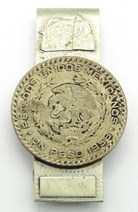 1959 Peso Mexico Sterling Silver Money Clip: 2.5" x .75"; Marked Sterling Silver 925; 22 dwt.