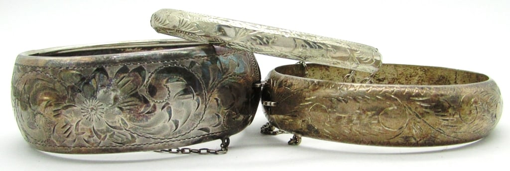 (3) Sterling Silver Vintage Hinged Bracelet/Cuffs: 6.5" Marked Sterling, 7" Marked ND 925, 7" Marked 925 (Broken Chain); 42 dwt.