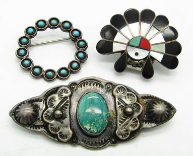 (2) Vintage Sterling Silver Pins & (1) Bolo Tie: Zuni Sterling Sunface Inlay, Zuni Style Sterling Silver and Turquoise Circle Pin Marked 925, Navajo Sterling Silver Turquoise Bar Pin Marked Sterling; 16.7 dwt.