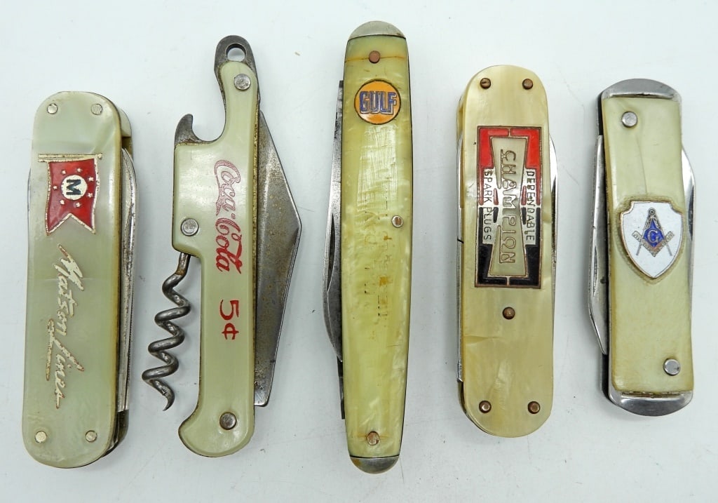 (5) Vintage Advertising Pocket Knives: Solingen Germany "Dependable Champion Spark Plugs", Ideal USA Freemasons, Solingen Germany "Matson Lines", L.F. & Co. USA "Gulf", The Ideal "Coca-Cola 5c"; Used Conditions.