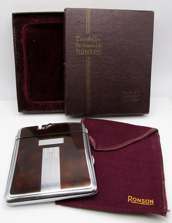 VINTAGE RONSON "TEN-A-CASE" LIGHTER: WITH BOX, FABRIC POUCH, & MAINTENANCE ENVELOPE.