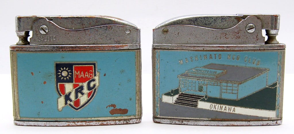 (2) MILITARY CLUB ADVERTISING LIGHTERS: VINTAGE WELLINGTON BALBOA FLAT LIGHTERS "MACHINATO NCO CLUB OKINAWA" & "MAAG KRC KAOHSIUNG TAIWAN"