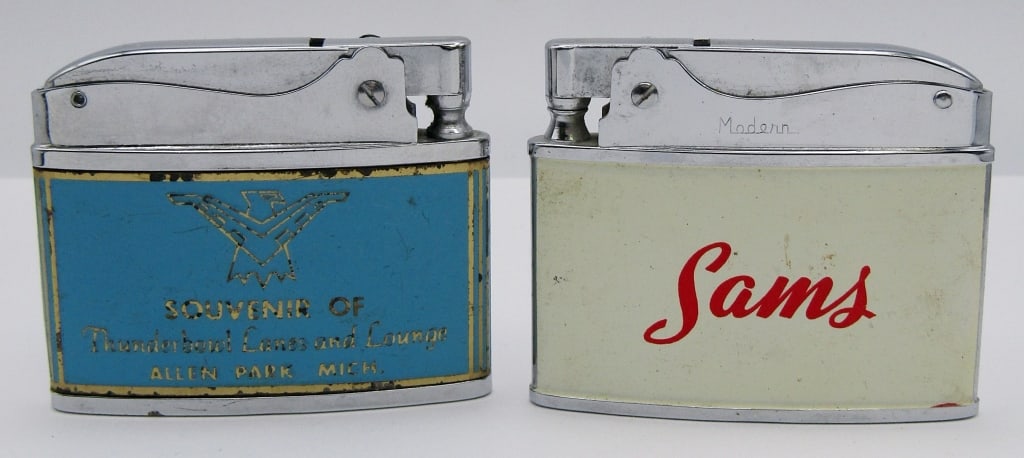 (2) VINTAGE FLAT ADVERTISING LIGHTERS: MODERN "SAMS" & BROTHER-LITE "THUNDERBIRD LANES AND LOUNGE"