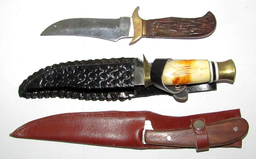 (3) Vintage Hunting Knives: All Marked Stainless Pakistan, (2) With Sheaths; Used Conditions.