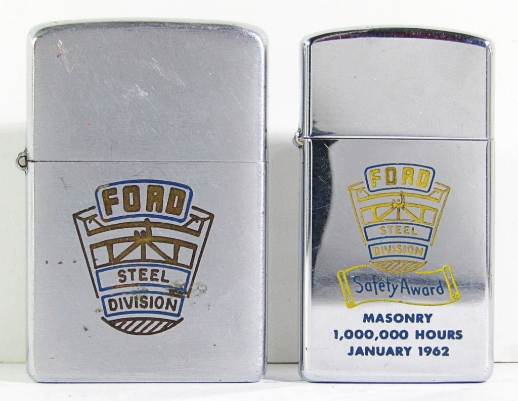 1947 & 1961 "Ford Steel Division" Zippo Lighters: 1947 "Ford Steel Division Safety Award 1,000,000 Hours Blast Furnaces 1952" Zippo Lighter with Matching Pat. 2032695 Insert; 1961 "Ford Steel Division Safety Award Masonry 1,000,000 Hours January 1962