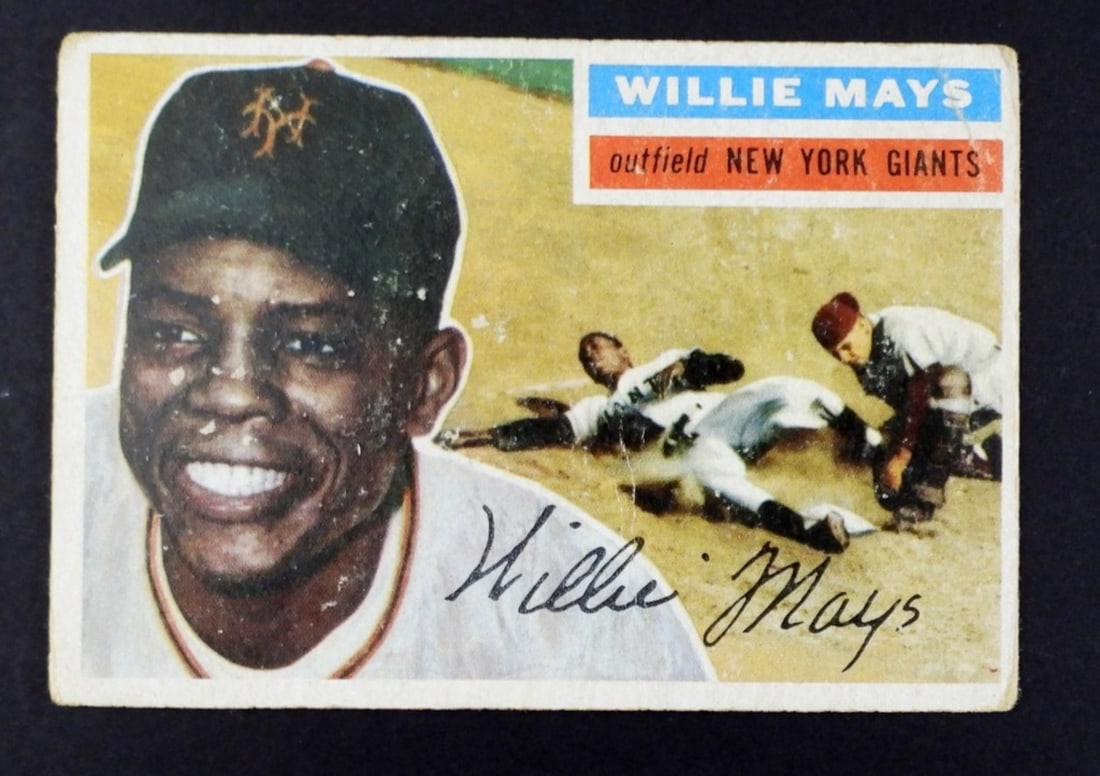 1956 TOPPS #130 WILLIE MAYS HOFer: VG/GOOD - has light spotted paper scuff front surface with light crease - KEY COLLECTORS CARD