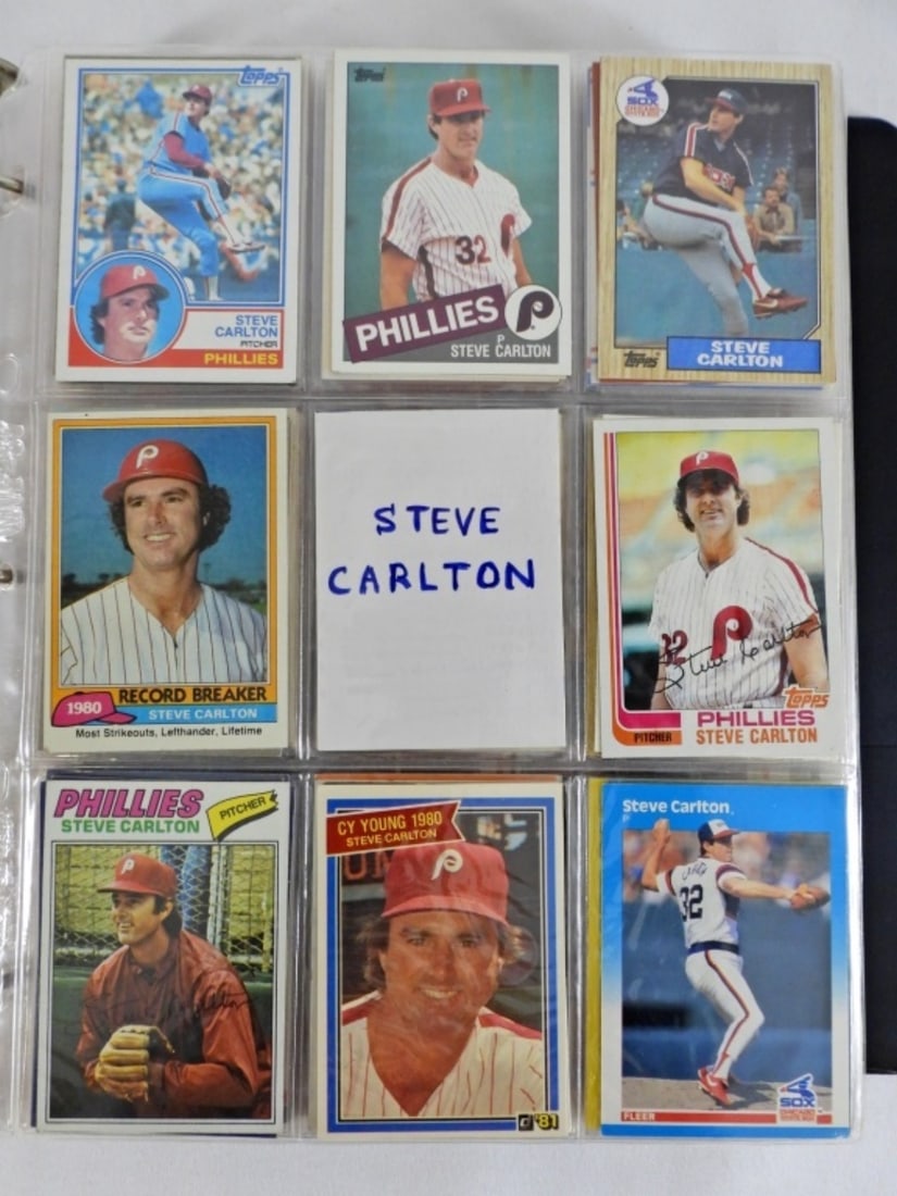 LARGE CARD ALBUM CARLTON, SCHMIDT: CARTER, PINIELLA - AMAZING VARIETY CARD COLLECTORS ALBUM - APPROX ( 70) STEVE CARLTON, (35) LOU PINIELLA, (125) MIKE SCHMIDT, (150) GARY CARTER - OVERALL NICE CONDITION