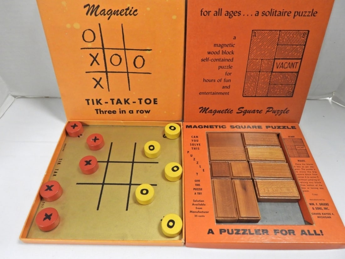 (2) 1960s Toy Vintage WM. F. Drueke & Sons: MAGNETIC TIK-TAK-TOE & MAGNETIC SQUARE PUZZLE in ORIGINAL BOXES