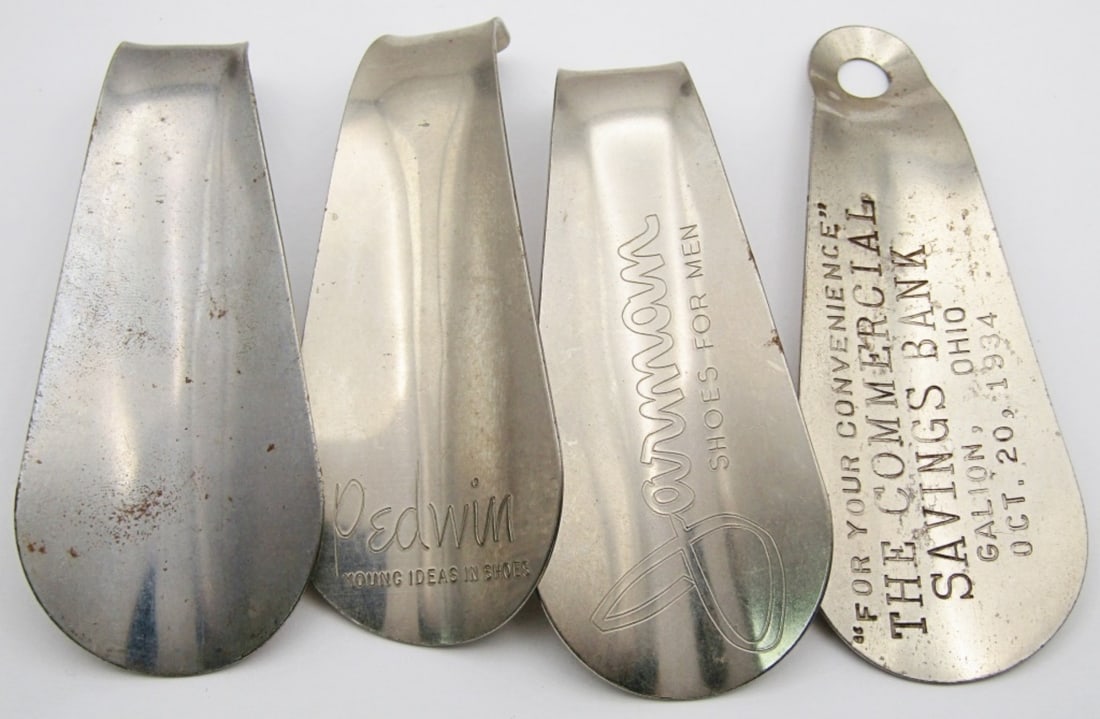 (4) Vintage Stainless Steel Shoe Horns: (3) Advertising Shoe Horns, (1) Plain. Pedwin Young Ideas in Shoes; Jarman Shoes For Men; The Commercial Savings Bank Galion Ohio;