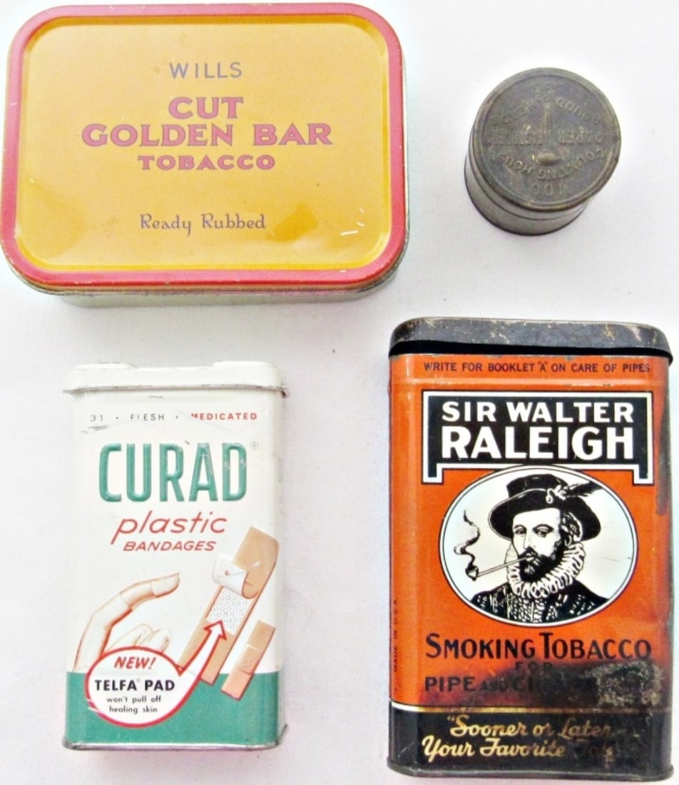 (4) Vintage Advertising Tins: Curad Plastic Bandages Advertising Tin; Wills Cut Golden Bar Tobacco Tin; Sir Walter Raleigh Smoking Tobacco Tin Can; Counting House Round Heads Paper Fasteners Small Brass Embossed Tin;