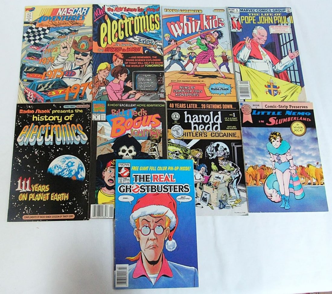 (9) UNIQUE COMIC LOT: BILL & TED's BOGUS #1: HAROLD HEED HITLER'S COCAINE, THE REAL GHOSTBUSTERS, POPE JOHN PAUL II #1, LITTLE NEMO IN SLUBERLAND #1, WHIZ KIDS, ELECRTRONICS , NASCAR & MORE