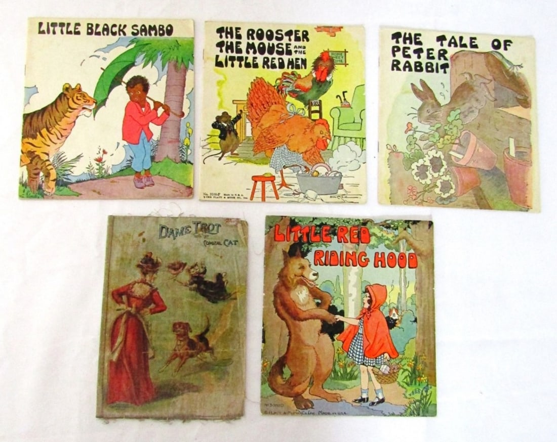 (5) CHILDREN BOOKS: LITTLE BLACK SAMBO,: LITTLE RED HEN, PETER RABBIT, RED RIDING HOOD, DAME TROT AND HER COMICAL CAT (CLOTH BOOKLET)