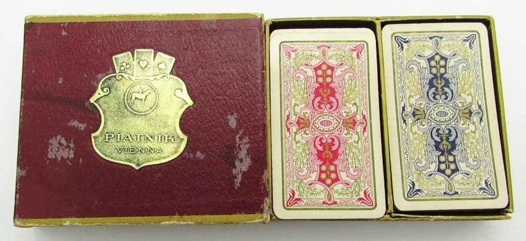 Vintage Piatnik Vienna Jolly Joker Double Deck: Playing Cards - Jokers are missing; Whole Suit Sets; Box has wear and tear from age.