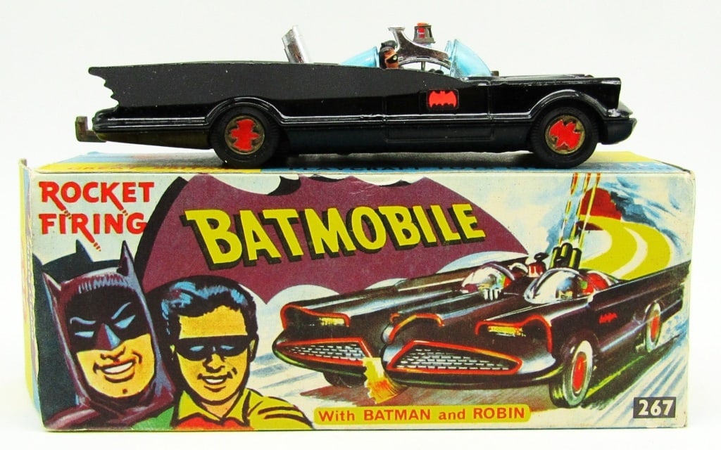 1966 Corgi Toys 267 Batmobile Rocket Firing Car: With Batman and Robin; Car has 1 Broken Tire; Good Condition in Original Box!