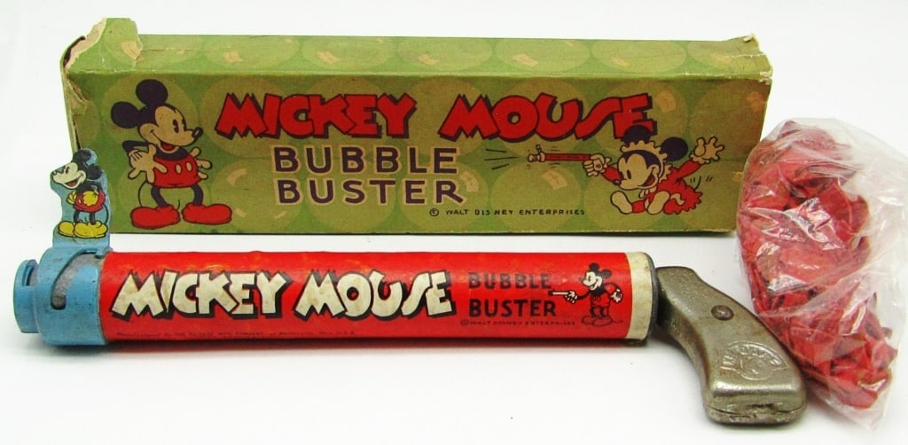 1930's Mickey Mouse Bubble Buster One No. 18: Killgore Handle, With Original Box (Has detached side flaps, and general wear and tear from age); Used Condition, Comes with Mickey Mouse Bubblets (crushed pieces of the bubblets).