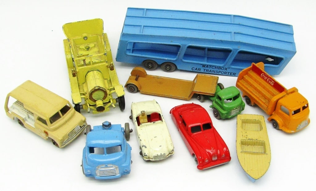 (8) Vintage Lesney Diecast Matchbox Vehicles: "Matchbox" Car Transporter No.2, 1904 Spyker, No. 29 Bedford Milk Van, Yellow Coca Cola Karrier Bantam 2 Ton Truck No.37, Meteor Sportsman MK II No.48, No.27 Bedford Low Loader Truck, MGA Sports Car N